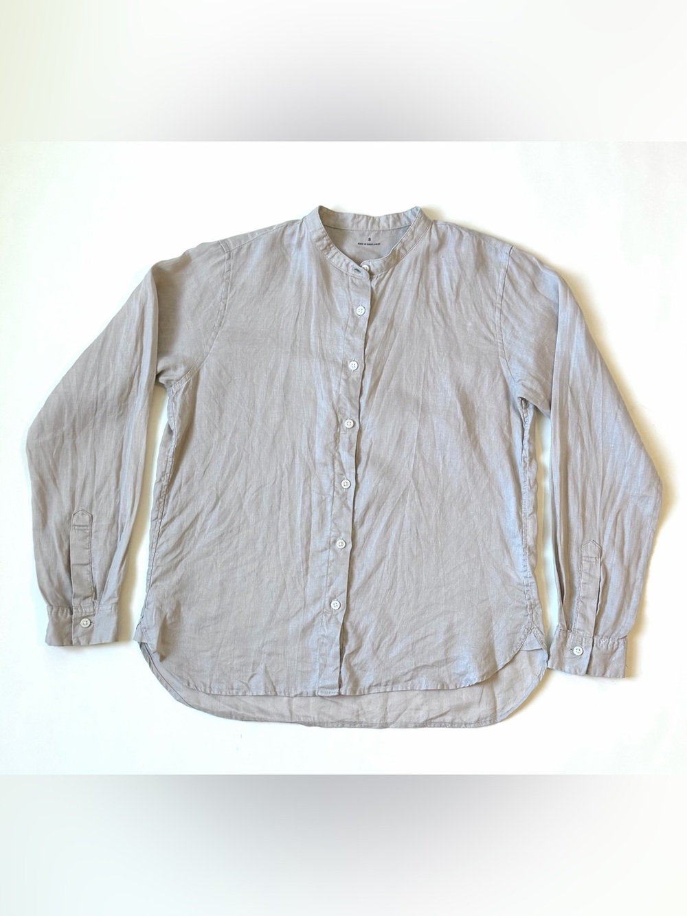Muji Women’s 100% Linen Stand Collar Button Down Shirt Minimalist Coastal Size S